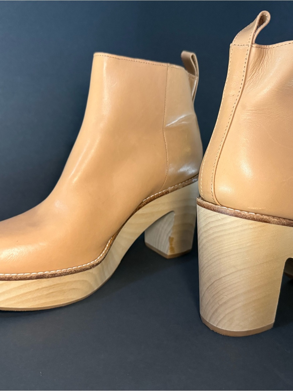 ANTONIO MELANI Tan Leather Platform Ankle Booties with Side Zip - Picture 2 of 4